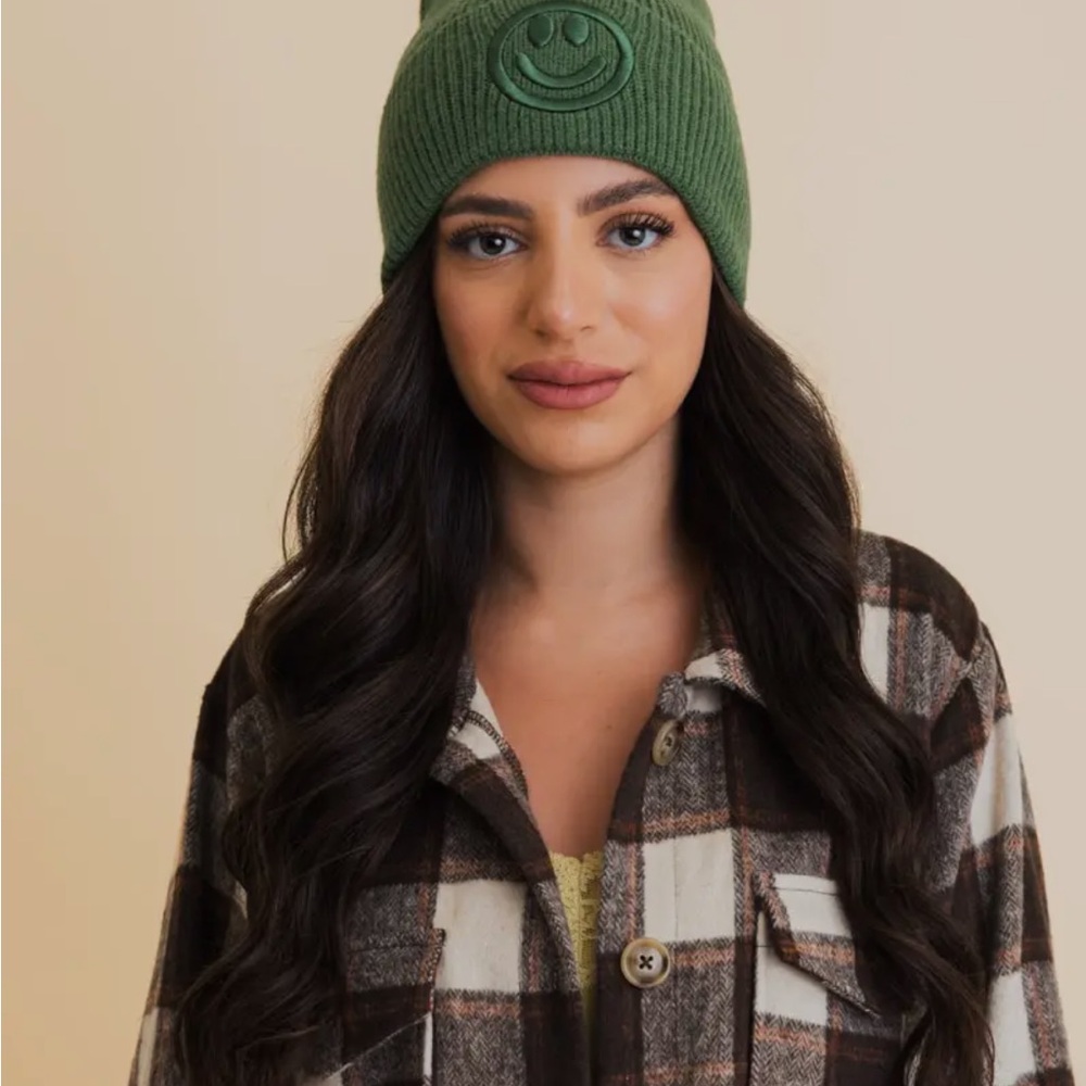 Happy Face Embroidered Ribbed Knit Beanie - Picture 1 of 14